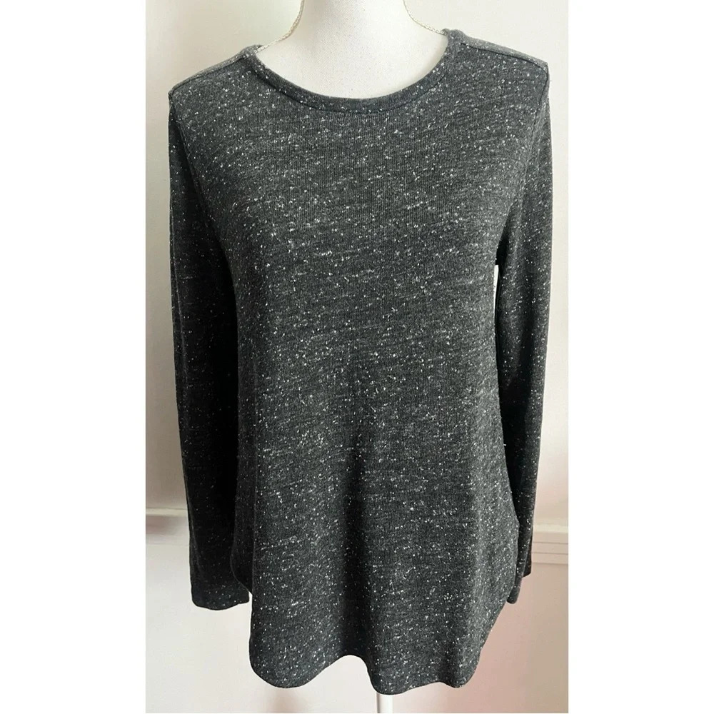 Loft • Charcoal Grey Black Flecked Mixed Media Shirttail Top